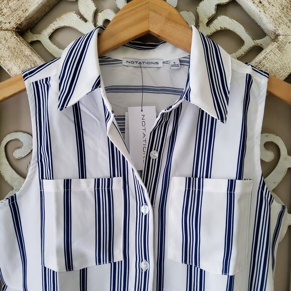 Notations Women's Sleeveless Collar Button Down Pocket Blouse Tank Top Stripe - Picture 5 of 7